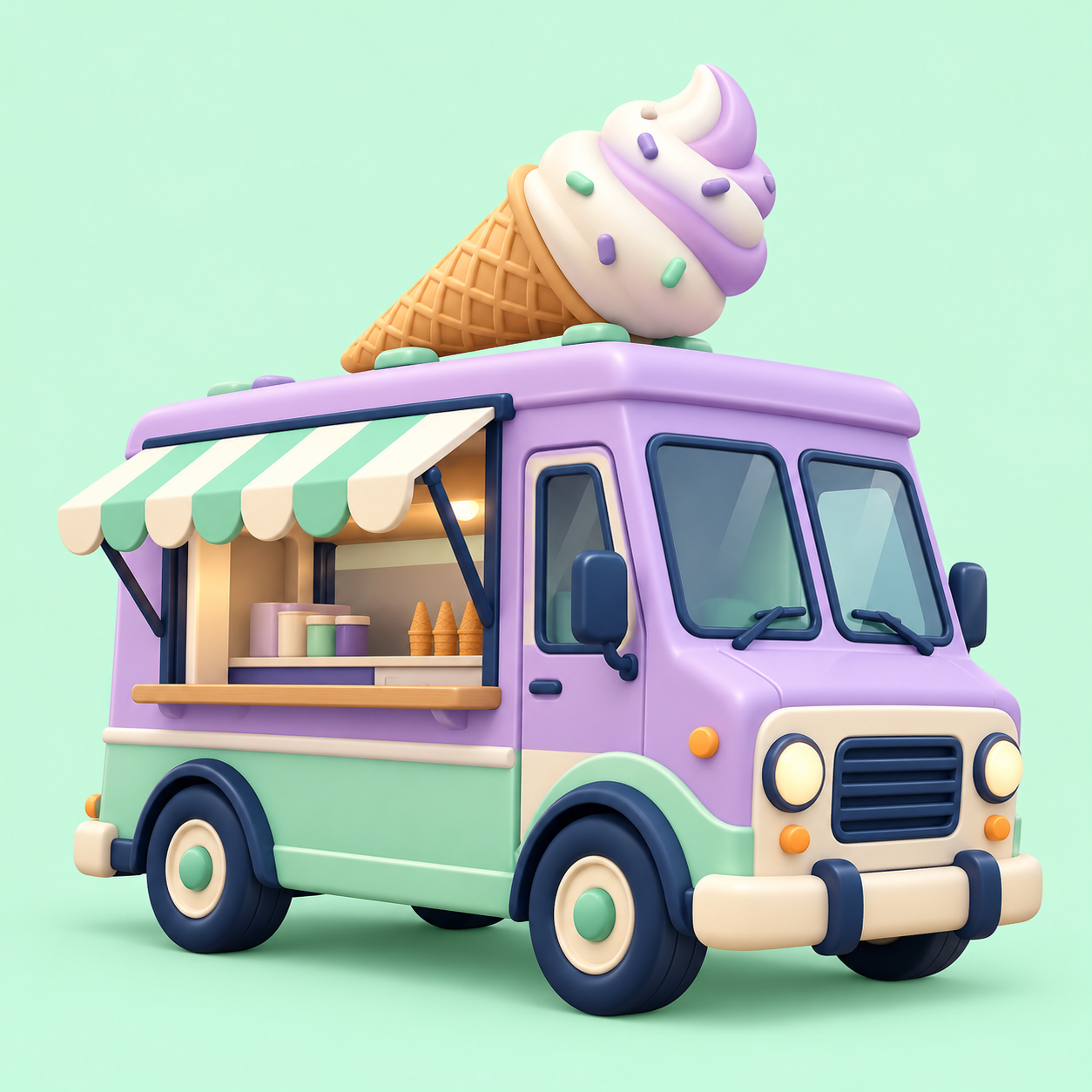 Lavender cartoon dessert truck with an ice-cream cone on its roof