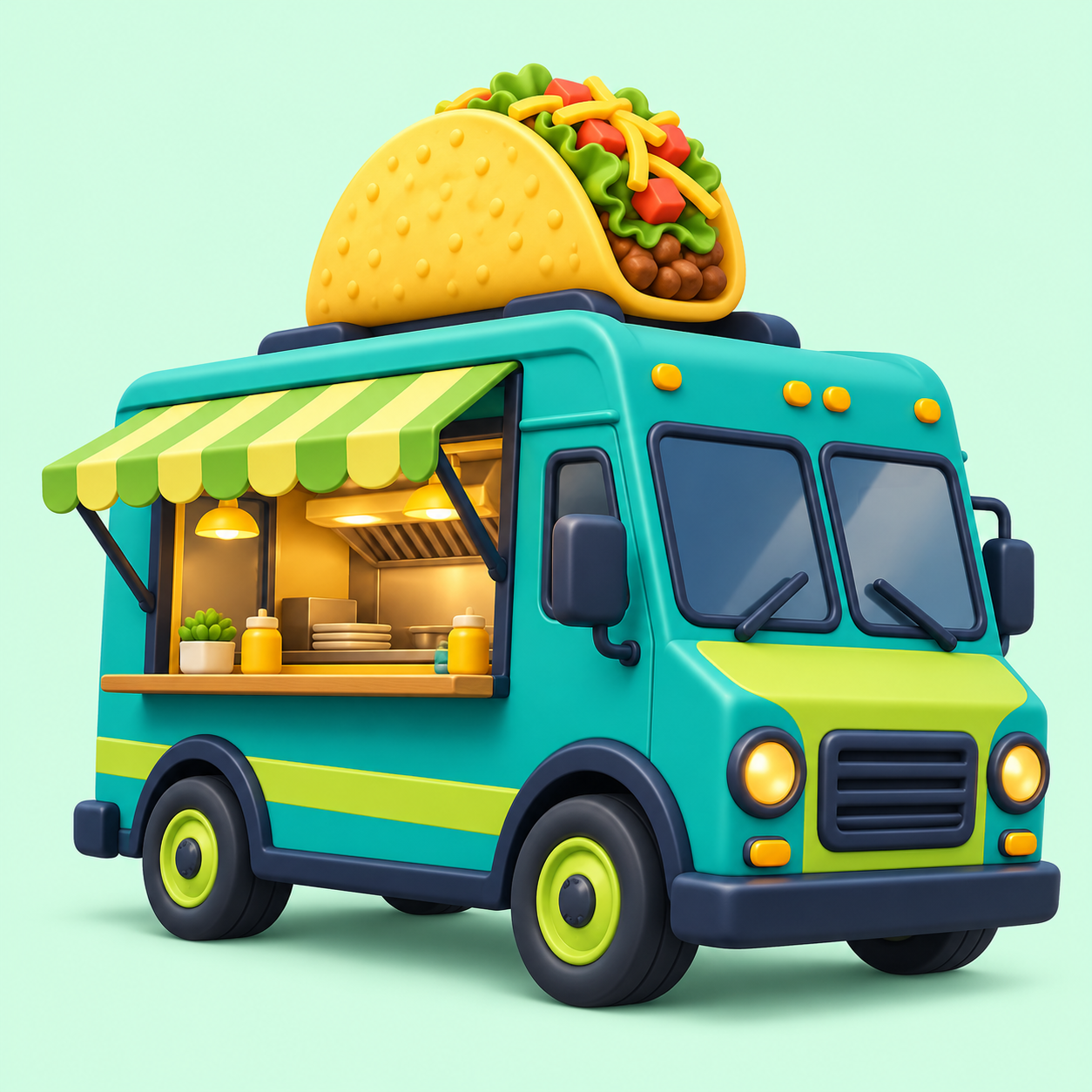 Teal cartoon taco truck with a lime awning
